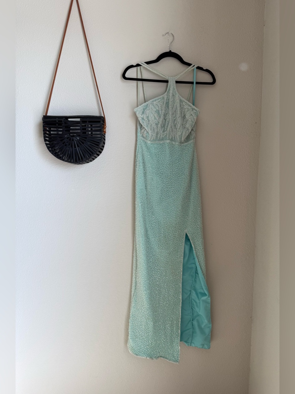 Precious Formals Halter Sequin Beaded High Slit Dress, Size Small